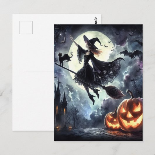 Halloween Heks met bezem en kat Briefkaart (Voorkant / Achterkant)