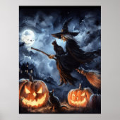 Halloween Heks met bezem en kat Poster (Voorkant)