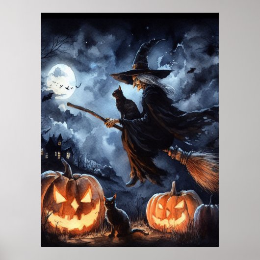 Halloween Heks met bezem en kat Poster (Voorkant)