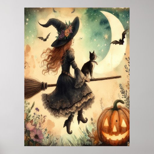 Halloween Heks met bezem en kat Poster (Voorkant)