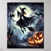 Halloween Heks met bezem en kat Poster (Voorkant)