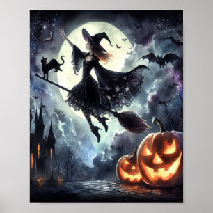 Halloween Heks met bezem en kat Poster