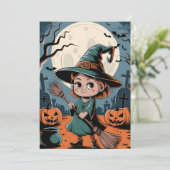 Halloween - heks met bezemsteel kaart (Staand voorkant)