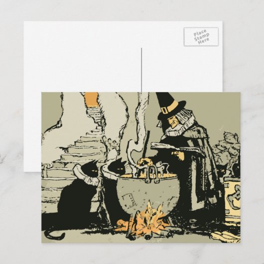  Halloween, heks met Cauldron en katten Briefkaart (Voorkant / Achterkant)