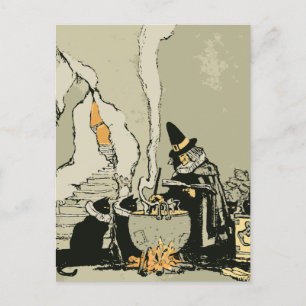 Halloween, heks met Cauldron en katten Briefkaart