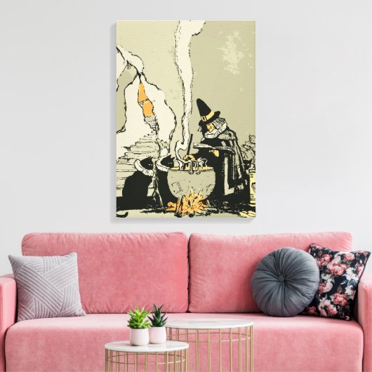 Halloween, heks met Cauldron en katten Canvas Afdruk (Insitu (Woonkamer))