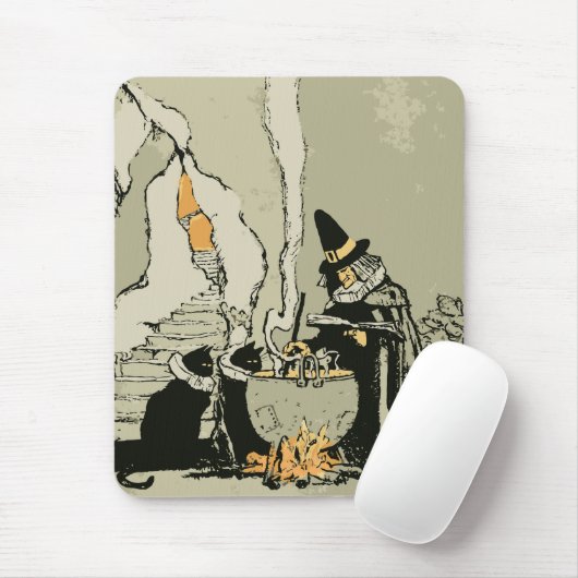  Halloween, heks met Cauldron en katten Muismat (Met muis)