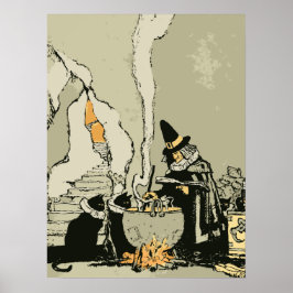  Halloween, heks met Cauldron en katten Poster