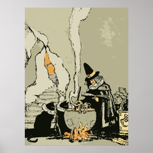  Halloween, heks met Cauldron en katten Poster