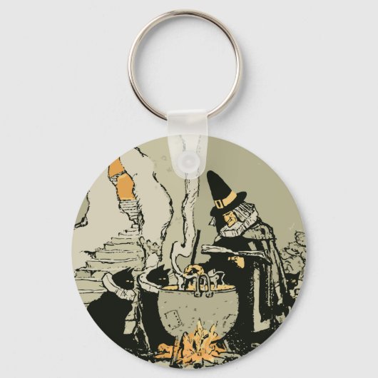  Halloween, heks met Cauldron en katten Sleutelhanger (Voorkant)
