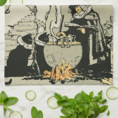  Halloween, heks met Cauldron en katten Theedoek (Gevouwen)