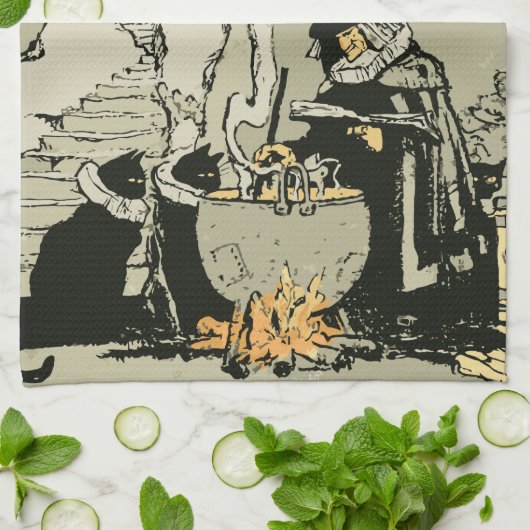  Halloween, heks met Cauldron en katten Theedoek (Gevouwen)