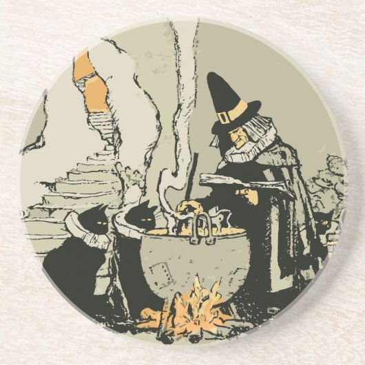 Halloween, heks met Cauldron en katten Zandsteen Onderzetter (Voorkant)