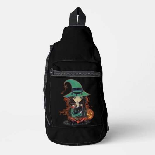 Halloween Heks met Grote Ogen en Zwarte Kat Sling Bag (Voorkant)