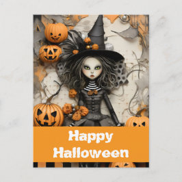 Halloween heks met pompoenen briefkaart