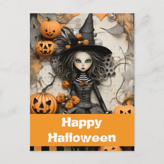 Halloween heks met pompoenen briefkaart (Voorkant)