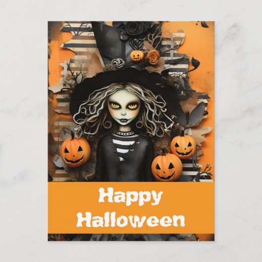 Halloween heks met pompoenen briefkaart (Voorkant)