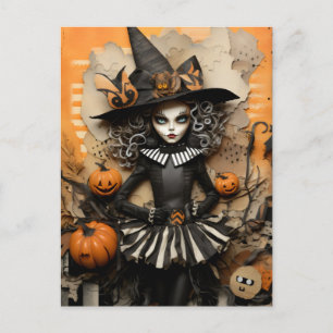 Halloween heks met pompoenen briefkaart