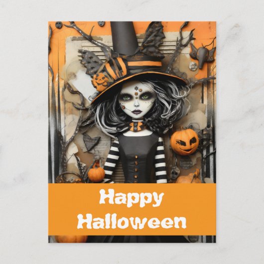 Halloween heks met pompoenen briefkaart (Voorkant)