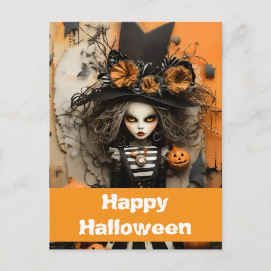 Halloween heks met pompoenen briefkaart (Voorkant)