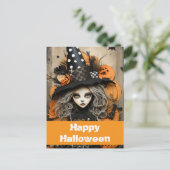 Halloween heks met pompoenen briefkaart (Staand voorkant)