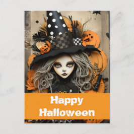 Halloween heks met pompoenen briefkaart