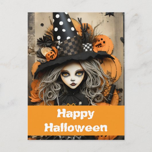 Halloween heks met pompoenen briefkaart (Voorkant)