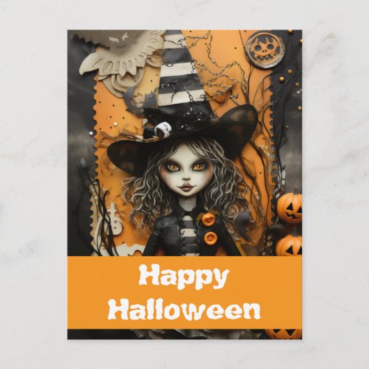 Halloween heks met pompoenen briefkaart (Voorkant)