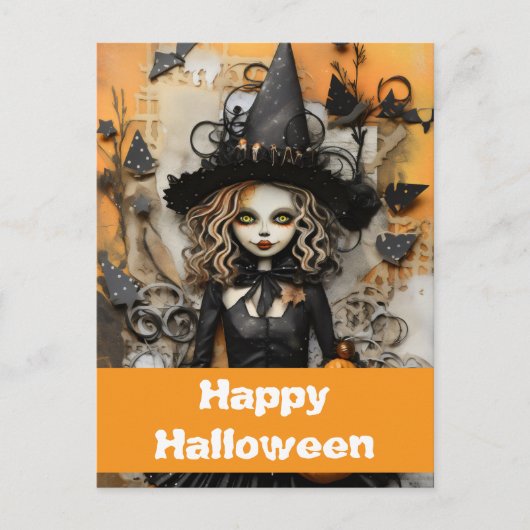 Halloween heks met pompoenen briefkaart (Voorkant)