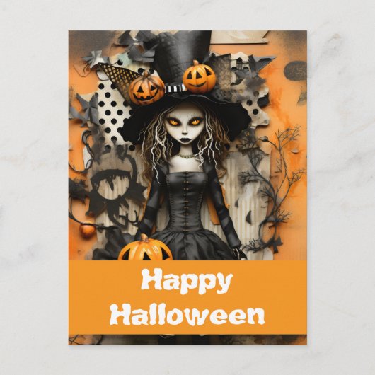 Halloween heks met pompoenen briefkaart (Voorkant)