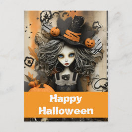 Halloween heks met pompoenen briefkaart