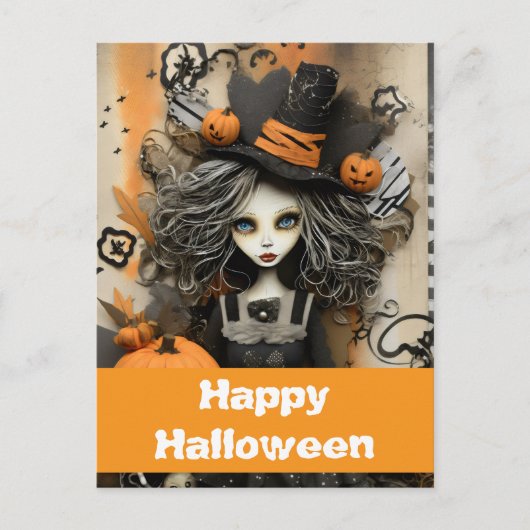 Halloween heks met pompoenen briefkaart (Voorkant)