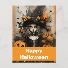 Halloween heks met pompoenen briefkaart