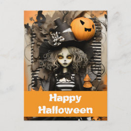 Halloween heks met pompoenen briefkaart