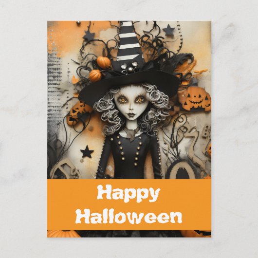 Halloween heks met pompoenen briefkaart (Voorkant)