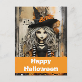 Halloween heks met pompoenen briefkaart