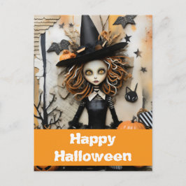 Halloween heks met pompoenen briefkaart