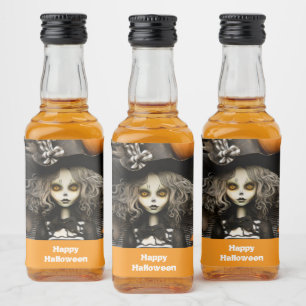 Halloween heks met pompoenen likeurfles etiket