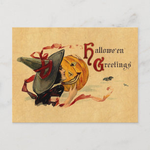 halloween-heks met rode konijnen briefkaart