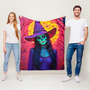 Halloween Heks met Schedel Gezicht Design Fleece Deken