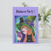 Halloween heks met uitnodiging van zwarte katten (Staand voorkant)