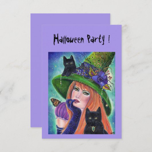 Halloween heks met uitnodiging van zwarte katten (Voorkant / Achterkant)