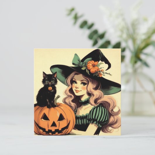 Halloween Heks met Zwarte Kat en Jack-o-lantaarn Kaart (Staand voorkant)