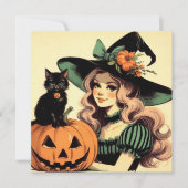 Halloween Heks met Zwarte Kat en Jack-o-lantaarn Kaart (Voorkant)