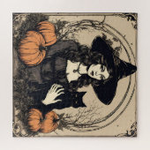  Halloween Heks met Zwarte Kat, Pompoenen Legpuzzel (Horizontaal)