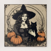  Halloween Heks met Zwarte Kat, Pompoenen Legpuzzel (Verticaal)