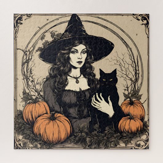  Halloween Heks met Zwarte Kat, Pompoenen Legpuzzel (Verticaal)