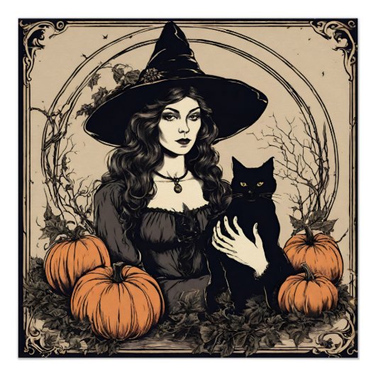 Halloween Heks met Zwarte Kat, Pompoenen Perfect Poster (Voorkant)