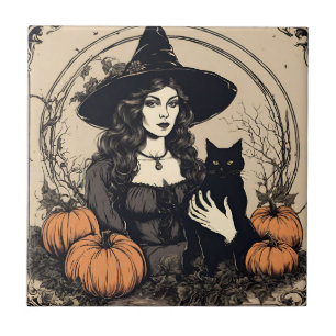 Halloween Heks met Zwarte Kat, Pompoenen Tegeltje