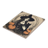  Halloween Heks met Zwarte Kat, Pompoenen Tegeltje (Zijkant)
